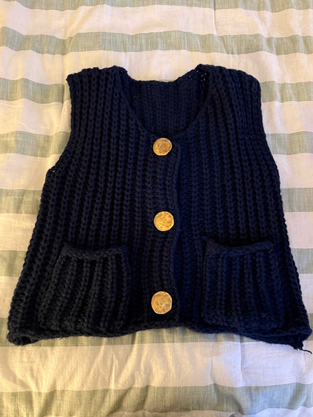 Classic Navy Chunky Knit Cardigan Vest with Gold Buttons